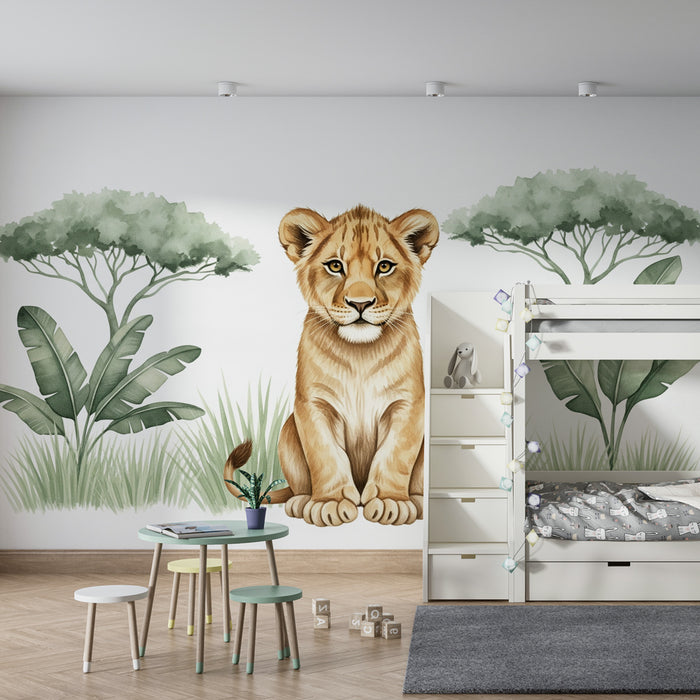 Kinderkamer behang | Schattige welp in de savanne