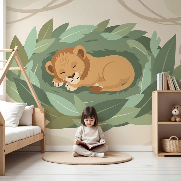 Papel pintado infantil | Cachorro de león tranquilo en un nido de follaje