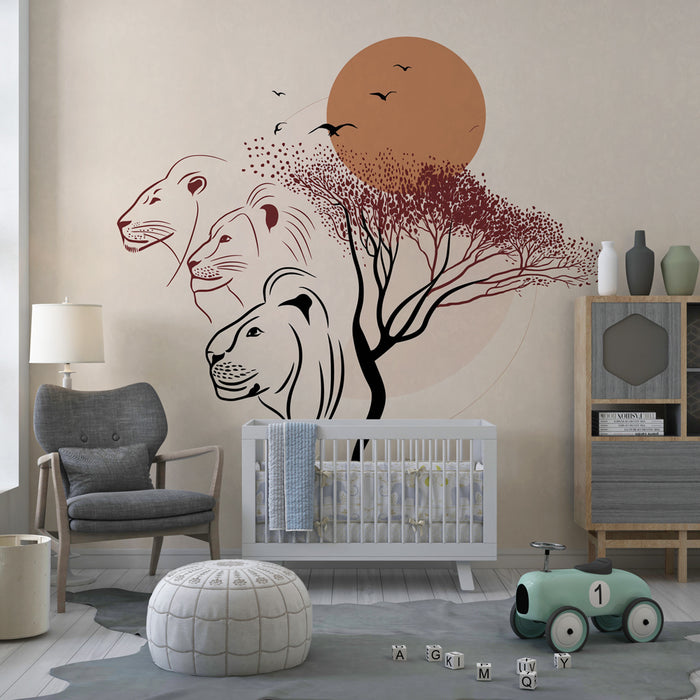 Kids room wallpaper | Majestic lions and sunset