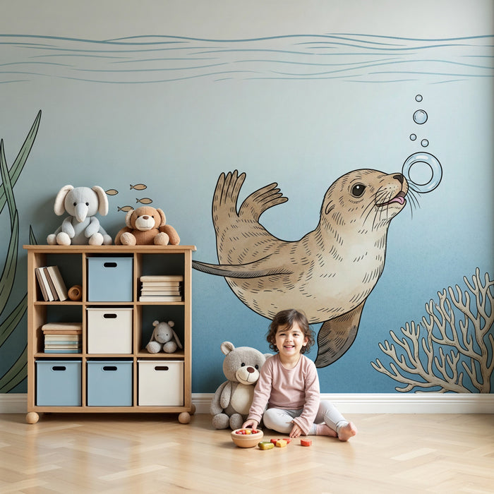 Kinderzimmer Tapete | Spielender Otter und Meereslandschaften