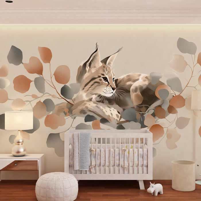 Kids room wallpaper | Elegant lynx among the foliage