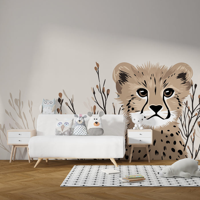 Dječja soba tapeta | Simpatični mali leopard usred biljaka