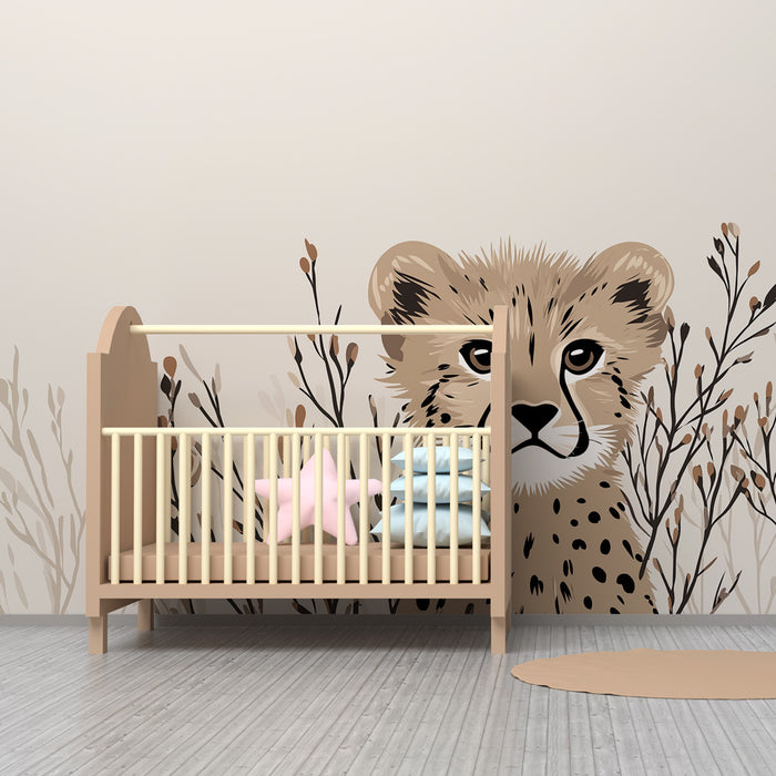 Dječja soba tapeta | Simpatični mali leopard usred biljaka
