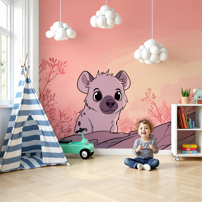 Papier peint chambre enfant | Mignonne hyène au coucher de soleil