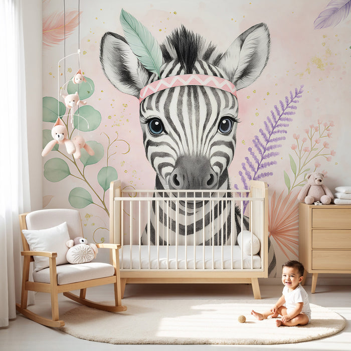 Papel pintado infantil | Linda cebra con corona de flores
