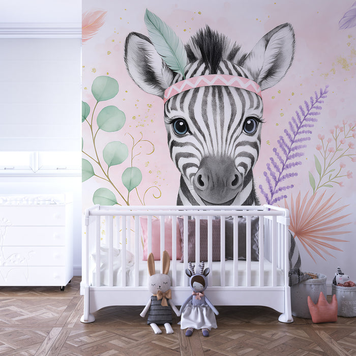 Kinderzimmer Tapete | Niedliches Zebra mit Blumenkrone