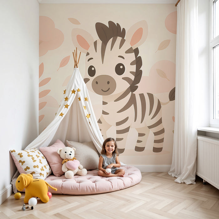 Carta da parati bambini | Adorabile zebra in un paesaggio pastello