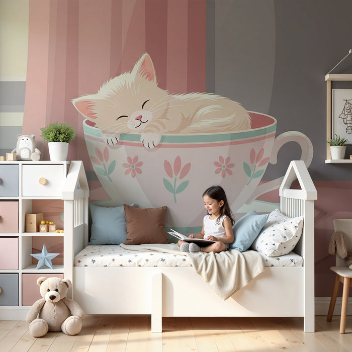 Papel pintado infantil | Gato durmiendo en una taza