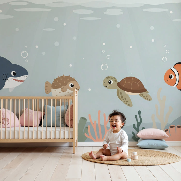 Kids room wallpaper | Maailmamere ala koos rõõmsate väikeste loomadega