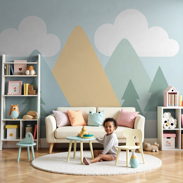 Papier peint chambre enfant | Montagnes douces et nuages moelleux