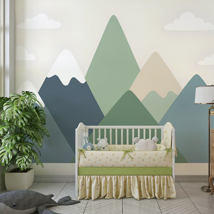 Detská izba tapeta | Jemné zelené a modré hory a oblaky