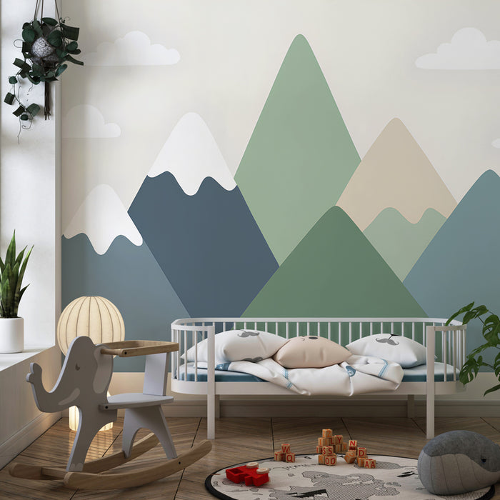 Detská izba tapeta | Jemné zelené a modré hory a oblaky