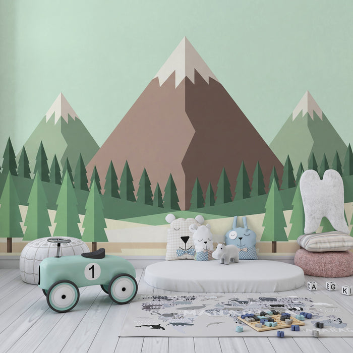 Papier peint chambre enfant | Montagnes et forêts géométriques apaisantes