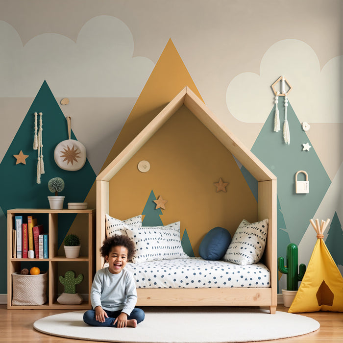 Papel pintado infantil | Montañas geométricas y paisaje tranquilo