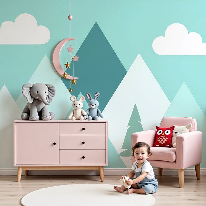 Papier peint chambre enfant | Montagnes pastel et ciel