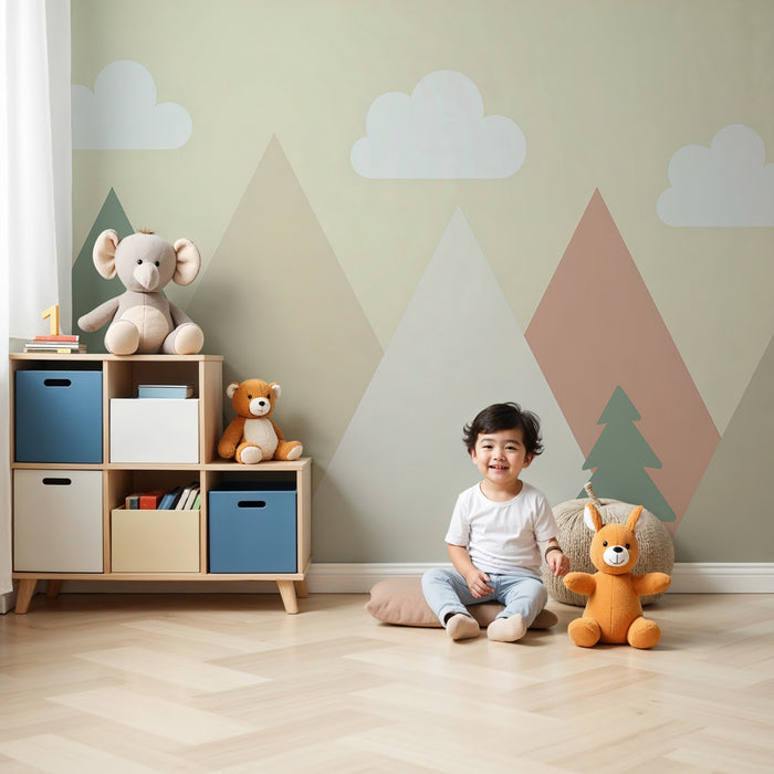 Papel pintado infantil | Montañas pastel y nubes suaves en blanco