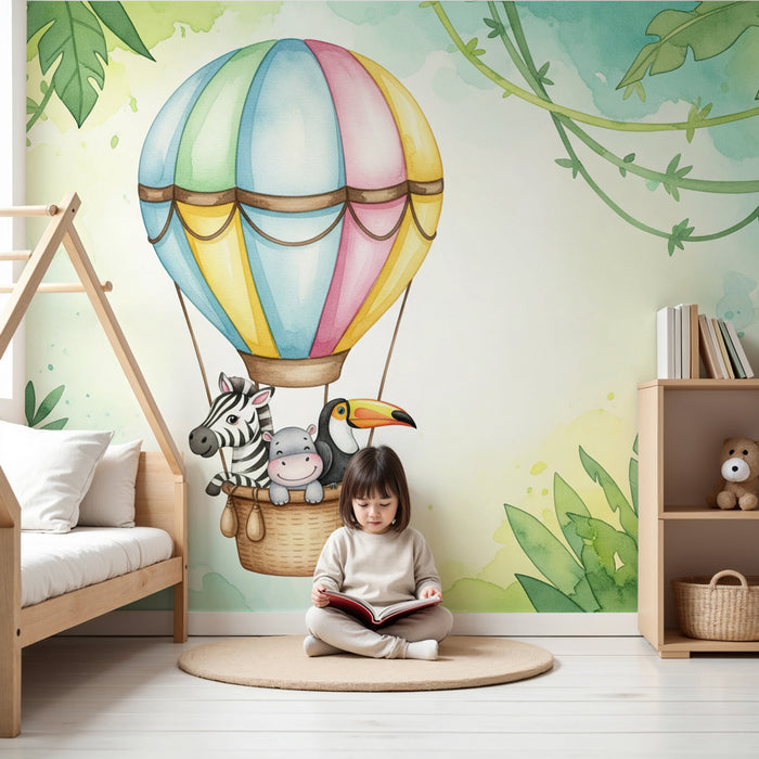 Papel pintado infantil | Globo aerostático en la selva de animales