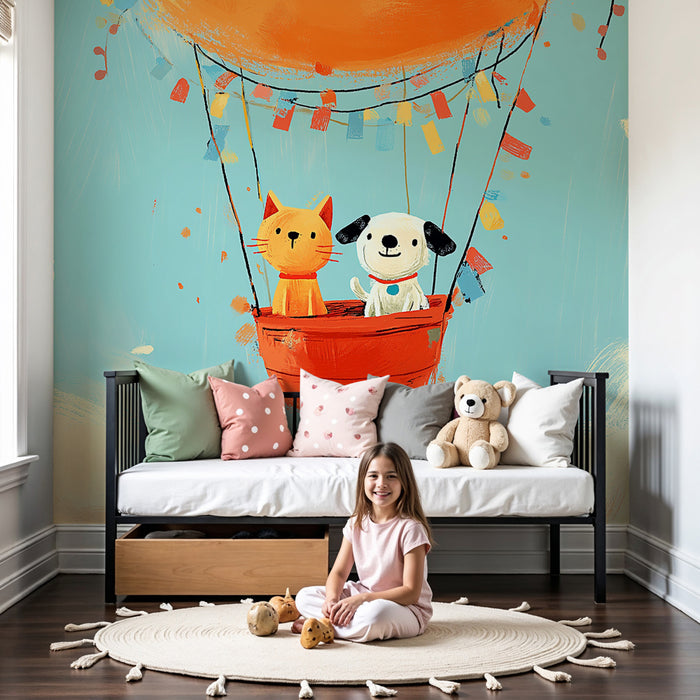 Kids room wallpaper | Colorful hot air balloon with cat and dog
