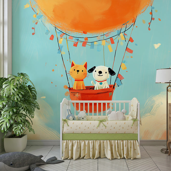 Tapet pentru camera copilului | Balon cu aer colorat cu pisică și câine