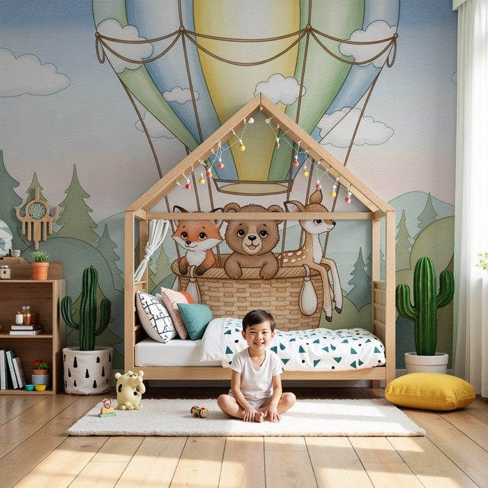 Kinderkamer behang | Luchtballon en bosvrienden