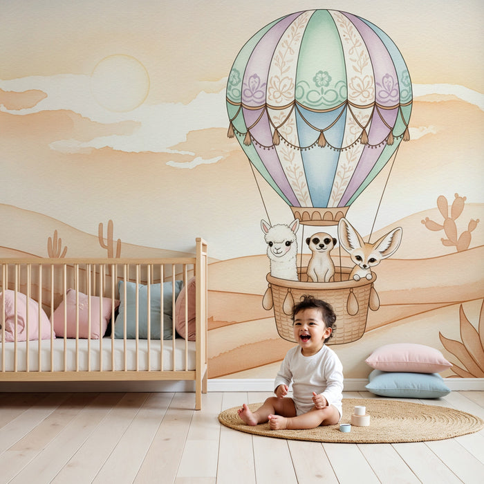 Papier peint chambre enfant | Montgolfière et animaux du désert