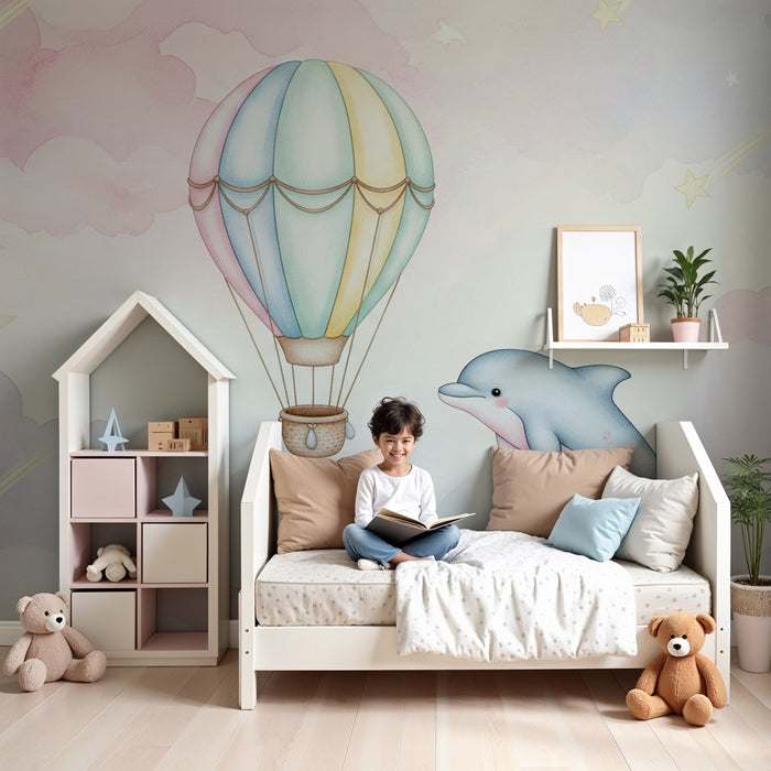 Kinderzimmer Tapete | Heißluftballon und Delfin in den Wolken