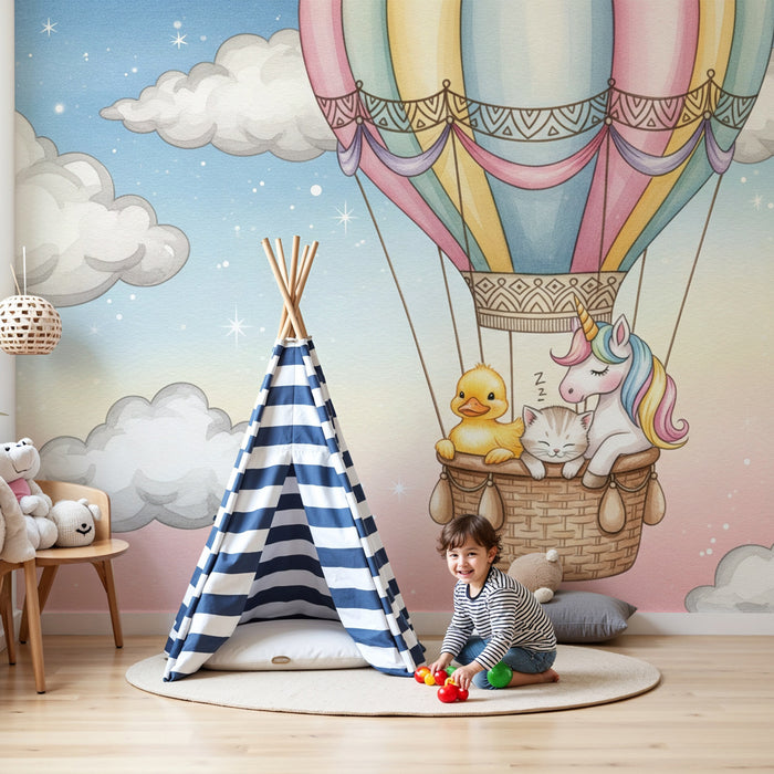 Kids room wallpaper | Magical hot air balloon with sweet friends