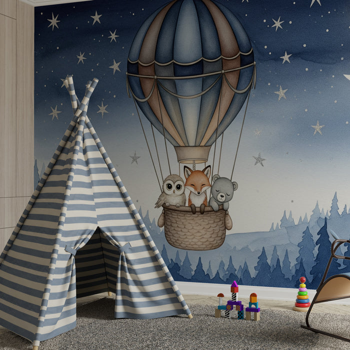 Kinderkamer behang | Magische luchtballon met nachtdieren