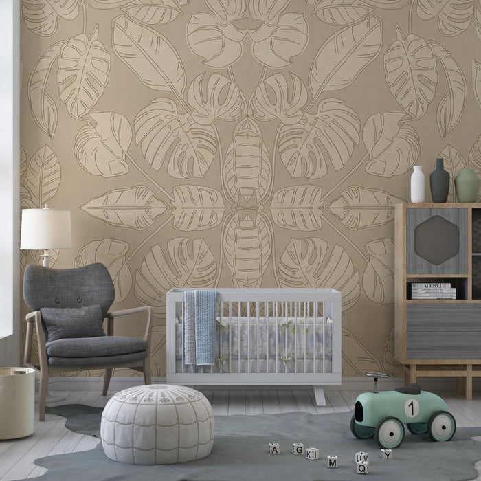 Carta da parati bambini | Motivi foglie tropicali in beige