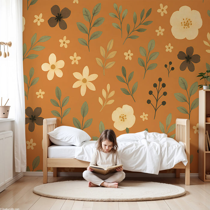 Papel pintado infantil | Motivos florales sobre fondo naranja