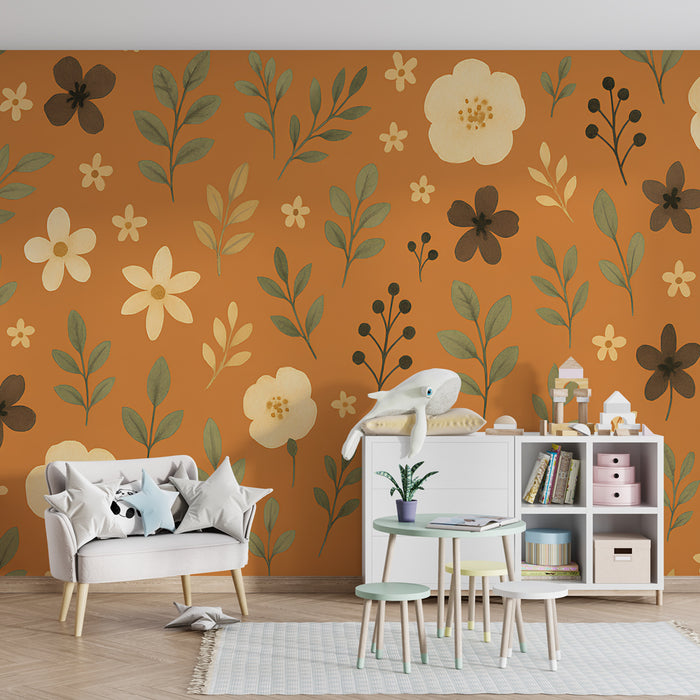 Barntapet | Blommönster på orange bakgrund
