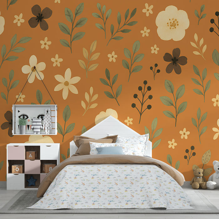 Barntapet | Blommönster på orange bakgrund