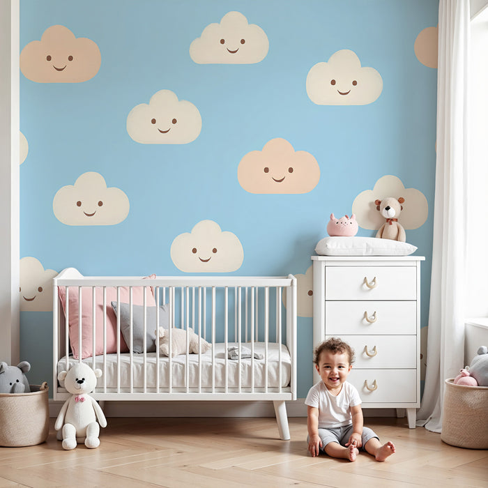 Papel de parede criança | Sorrisos de nuvens em fundo azul