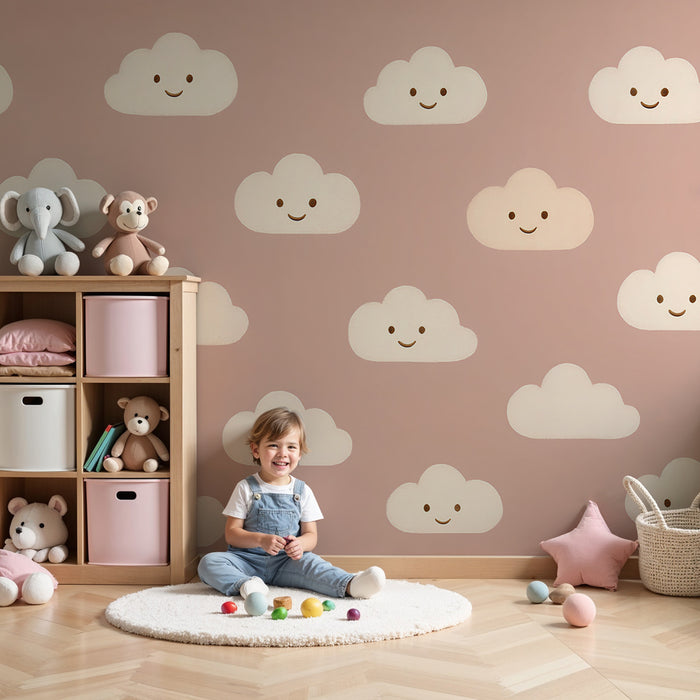 Papel pintado infantil | Nubes sonrientes sobre fondo rosa