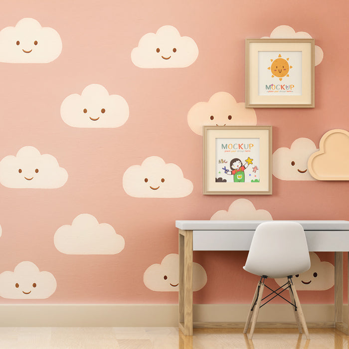 Papier peint chambre enfant | Nuages souriants sur fond rose