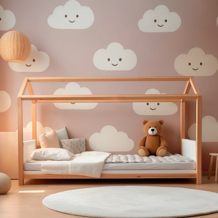 Papier peint chambre enfant | Nuages souriants sur fond rose