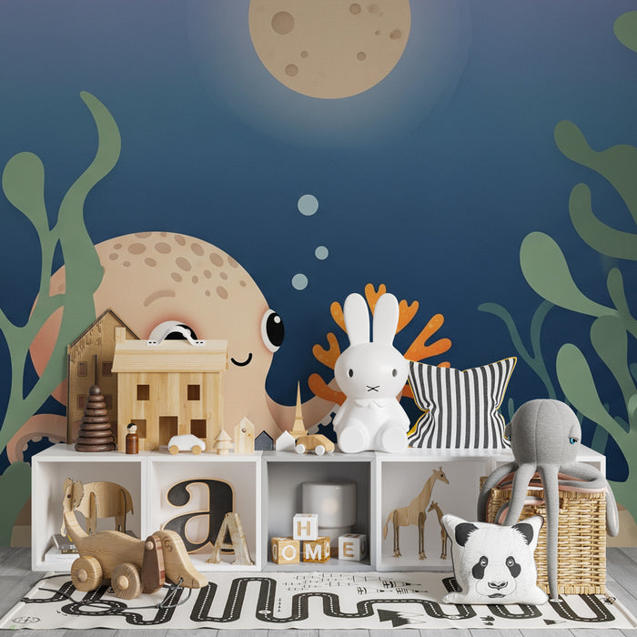 Papier peint chambre enfant | Octopus mignon et fonds marins apaisants