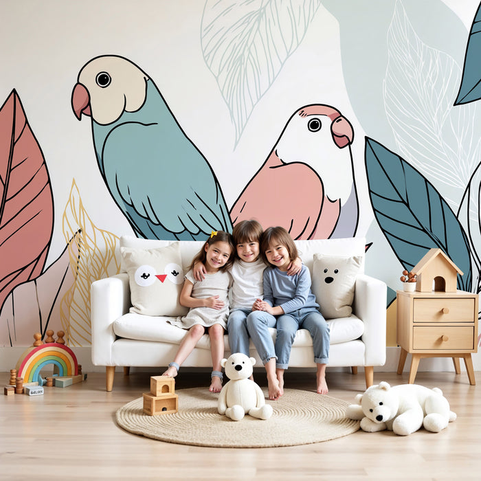 Papel pintado infantil | Pájaros coloridos en medio de las hojas