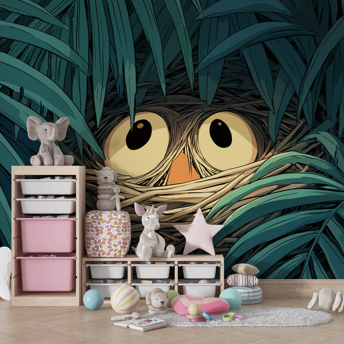 Papel de parede criança | Curiosos pássaros e folhagem luxuriante