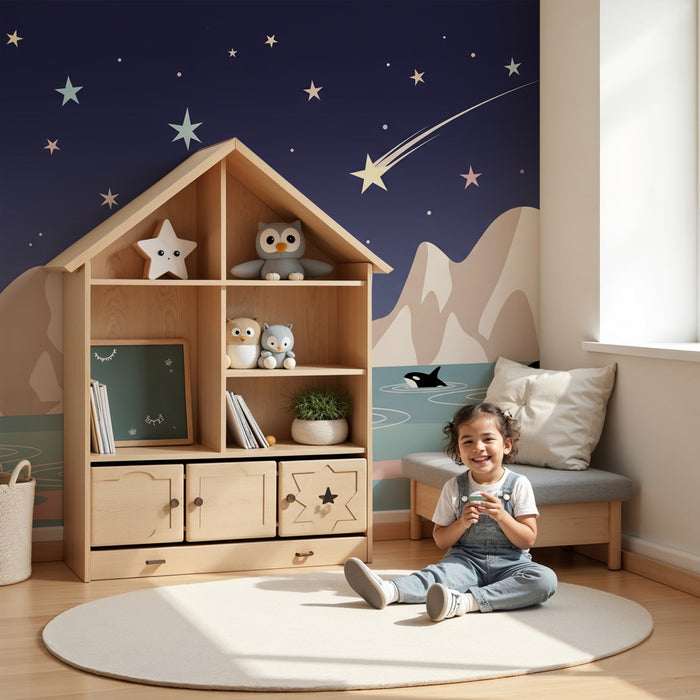 Kinderzimmer Tapete | Orcas und Sterne unter dem Sternenhimmel