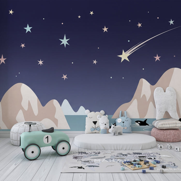 Kinderzimmer Tapete | Orcas und Sterne unter dem Sternenhimmel