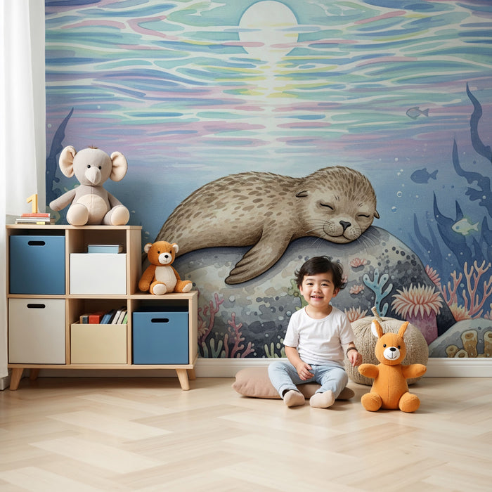 Papier peint chambre enfant | Otarie rêveuse dans un monde sous-marin