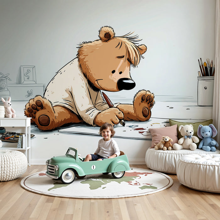 Carta da parati bambini | Orso artista in piena creazione