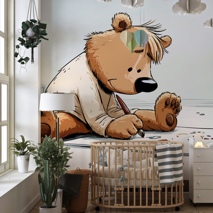 Carta da parati bambini | Orso artista in piena creazione