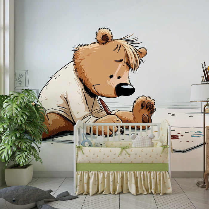 Carta da parati bambini | Orso artista in piena creazione