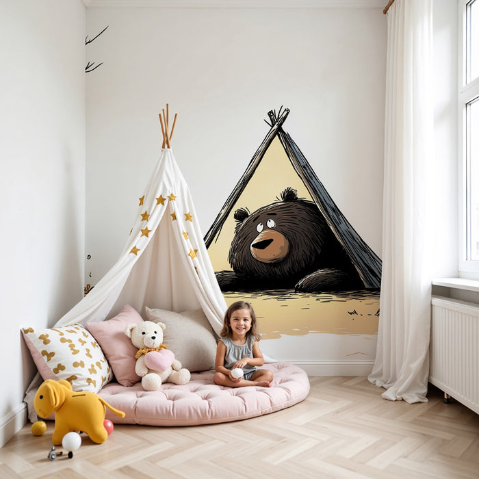 Kids room wallpaper | Zvědavý medvěd pod stanem