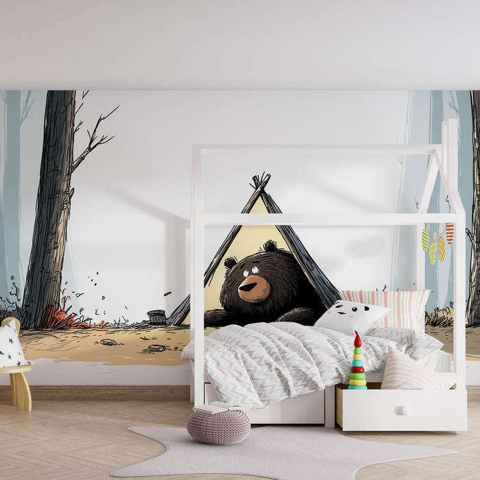 Kids room wallpaper | Zvědavý medvěd pod stanem