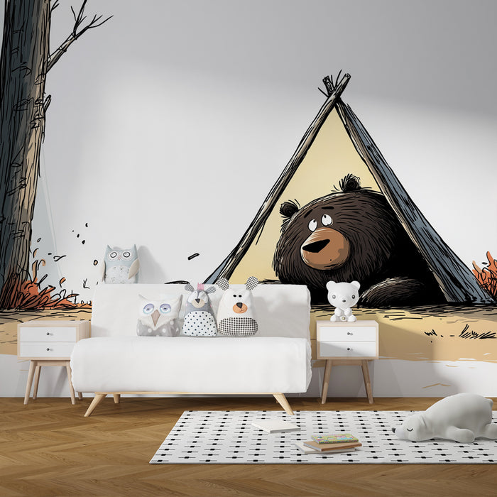 Kids room wallpaper | Zvědavý medvěd pod stanem