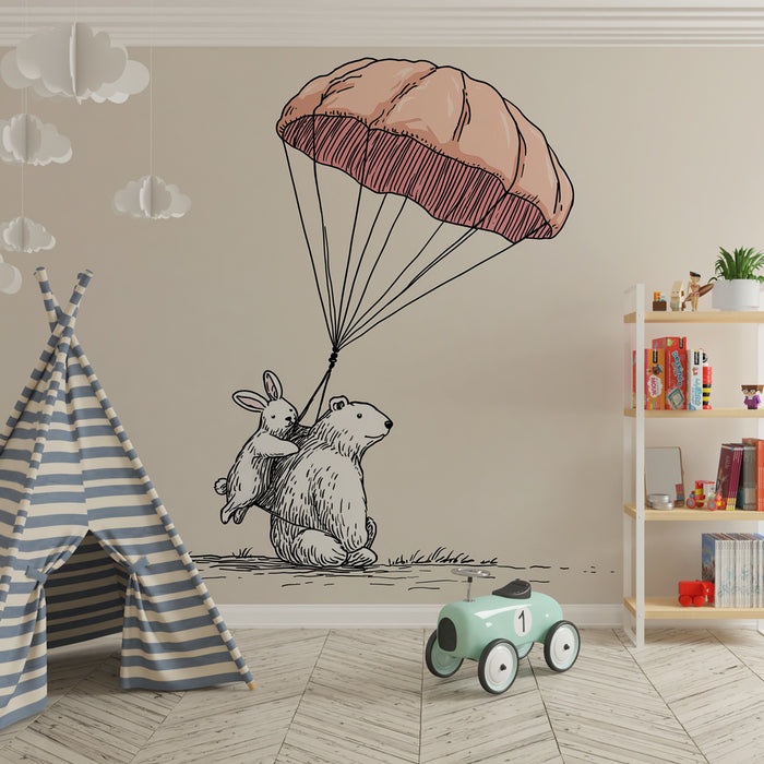 Carta da parati bambini | Orso e coniglio in paracadute