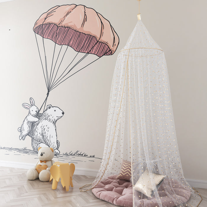 Carta da parati bambini | Orso e coniglio in paracadute